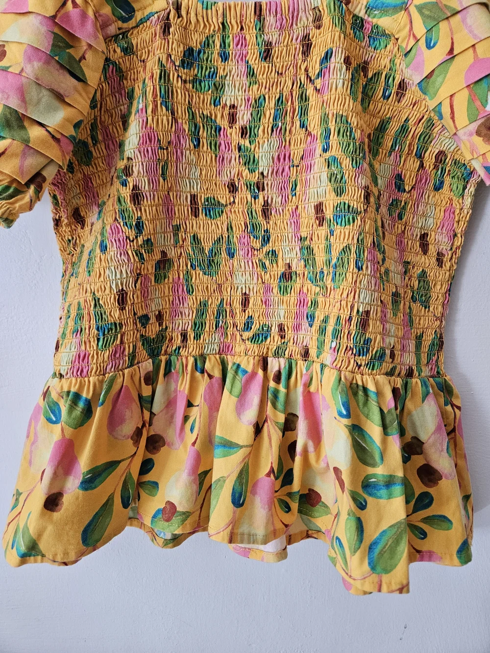 FARM RIO Yellow Floral Smocked Square-Neck Puff Sleeve Blouse Top M